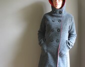 Hooded women's coat in charcoal grey and red virgin merino boiled wool knit