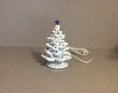 Ceramic  Blue stained lighted Christmas Tree, Small 7 inch, tree, Snow and twinkles  (ready to ship)