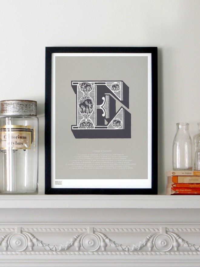 Illustrated Letter E in Putty/Charcoal - decorative screen print