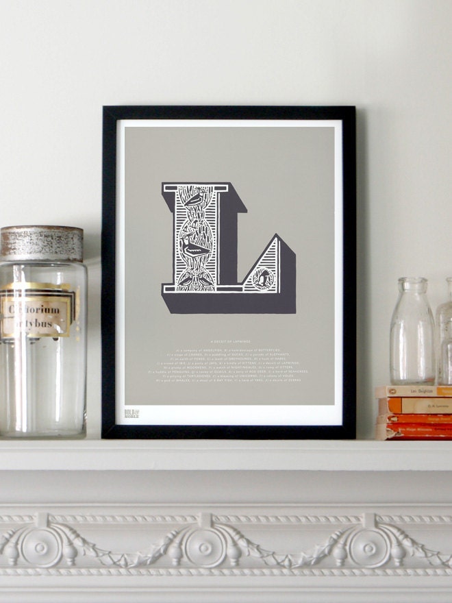 Illustrated Letter L in Putty/Charcoal - decorative screen print