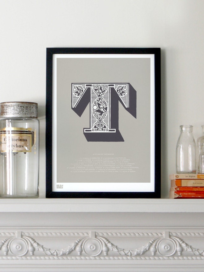 Illustrated Letter T in Putty/Charcoal - decorative screen print