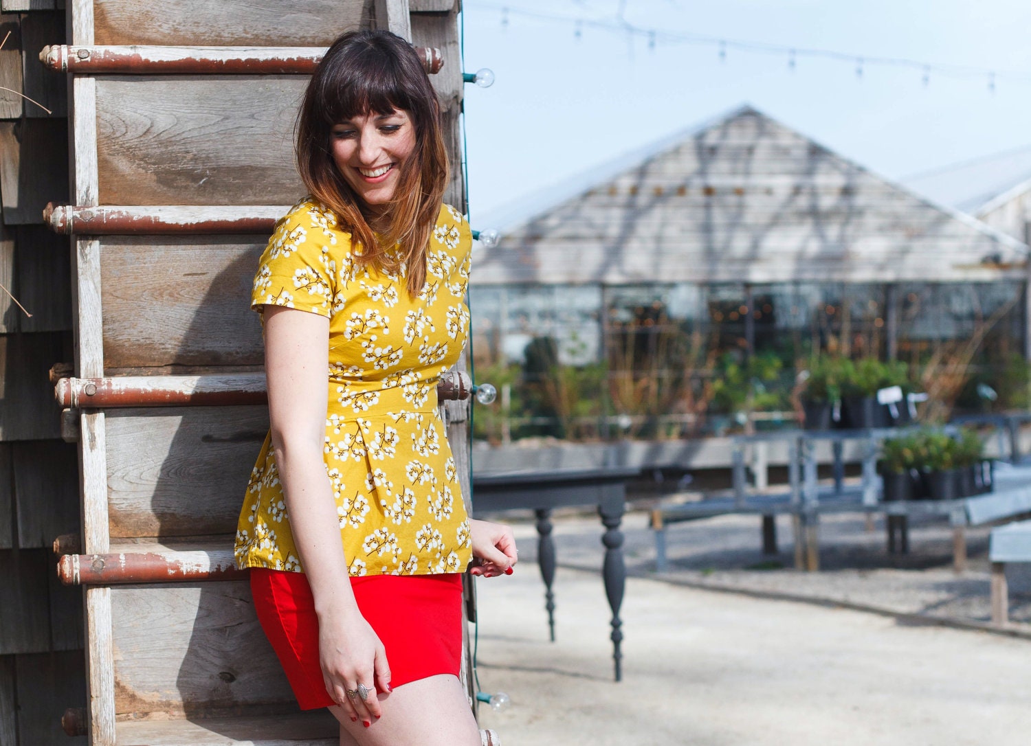 Spring Fashion Peplum Top- Mustard Yellow Skirted Shirt- Vintage Style Floral Blouse