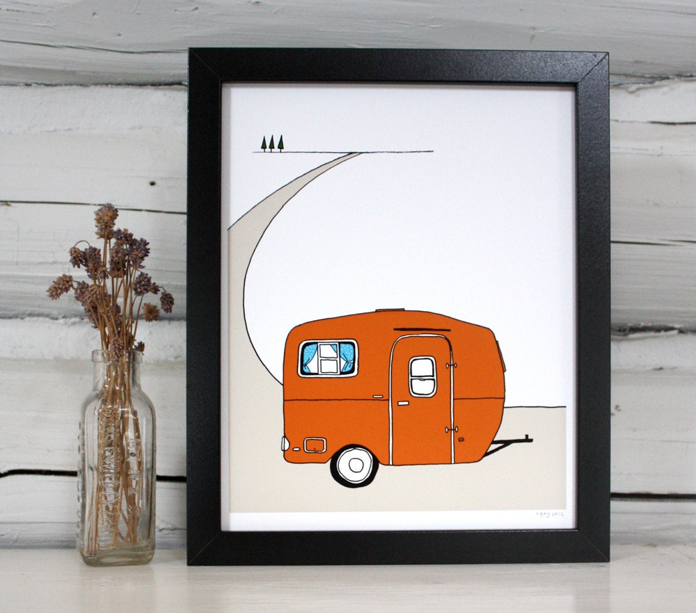 Vintage Camper art print. RV Trailer illustration