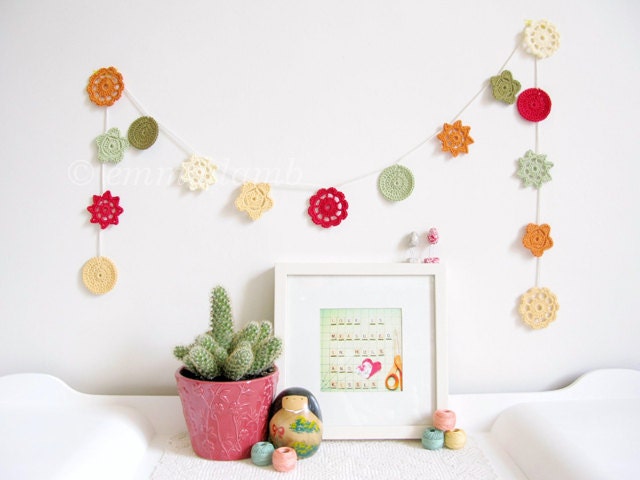 Daphne crochet flower garland, summer wedding decor in folk colours of red, orange, yellow & green - Ready to ship, by Emma Lamb