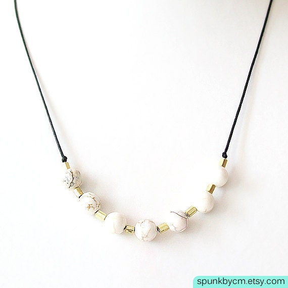 White Magnesite, Gold Brass Cotton Cord Minimalist Necklace - Alternating Brass and Magnesite
