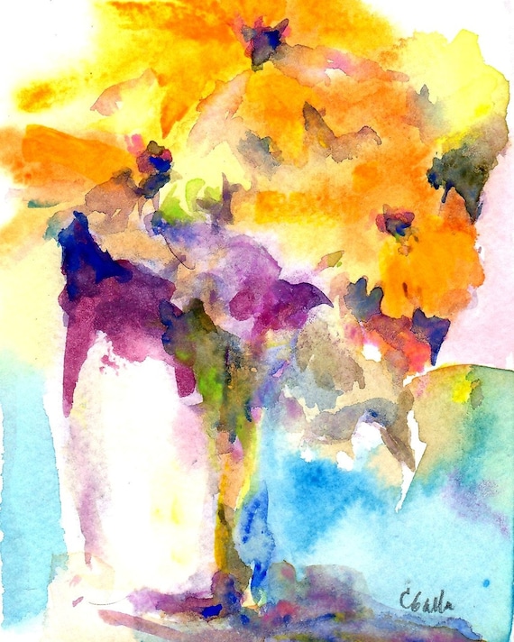 Watercolor Flowers Giclee Print in Gold Orange and Yellow 8x10 Abstract
