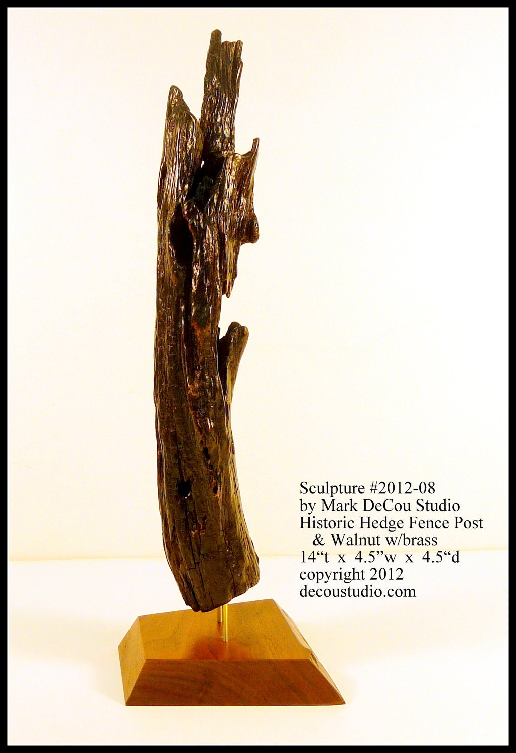 Natural Wood Sculputure No. 2012-08, Ships Immediately, Historic Kansas Hedge Fence Post, Walnut, Brass, Mixed Media Original
