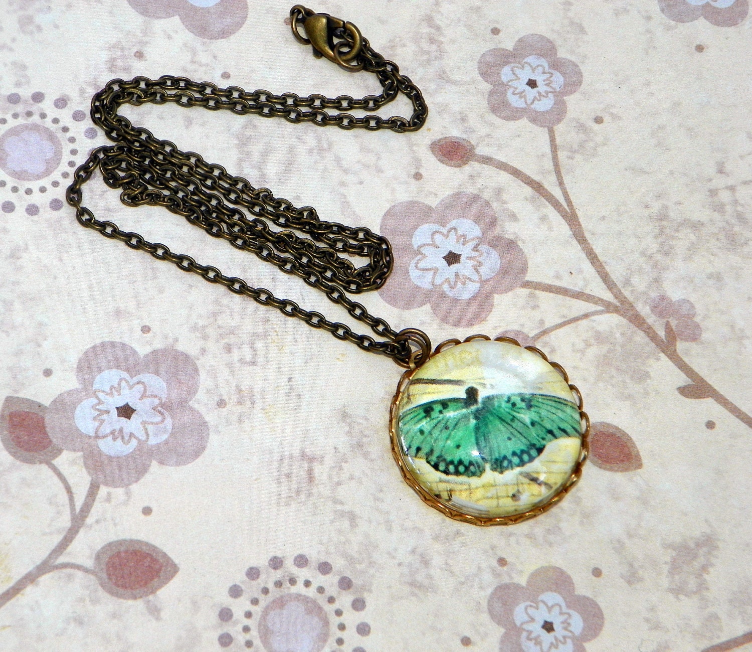 Blue Butterfly Necklace, Antique Brass, Bug Insect Simple Necklace