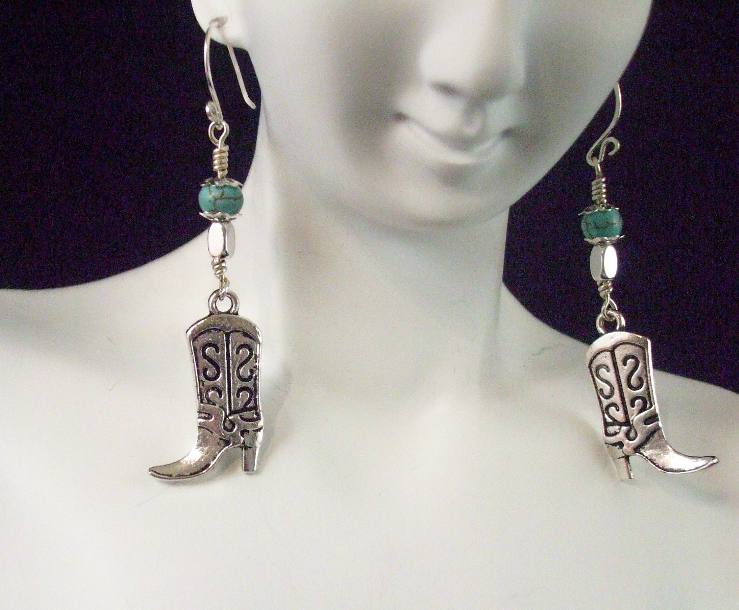 Earrings Silver Boot and Turquoise Country Style