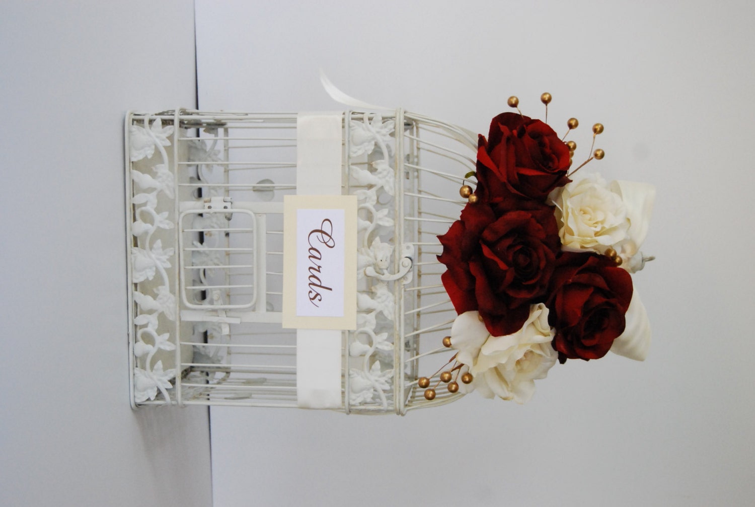Large Wedding Birdcage Card Holder Money Holder - Ivory, Burgundy & Gold Berries