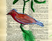 Bird Painting Original Mixed Media Italian Vintage Dictionary Art