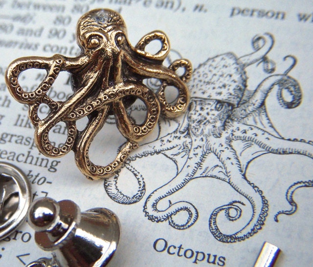 Gold Octopus Tie Tack Lapel Pin Gothic Victorian Nautical Steampunk Style From Cosmic Firefly