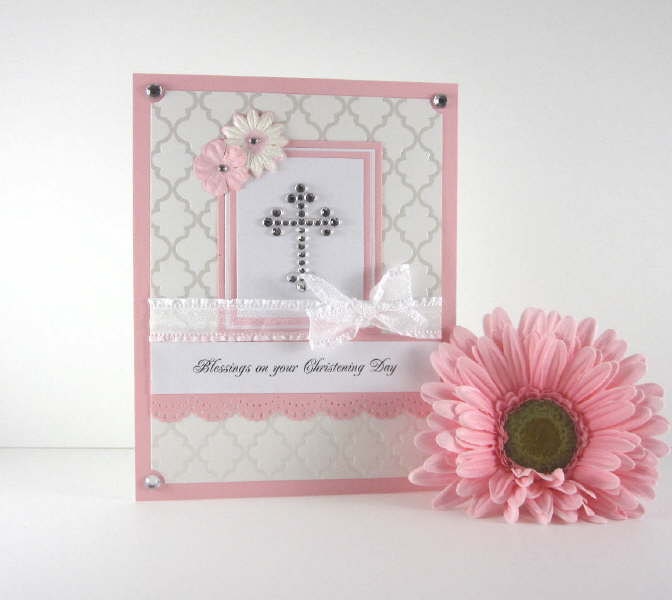 Christening Baptism card for girl, religious cross, congratulations, blessings, pink and white