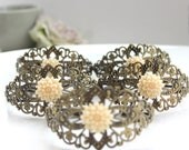 An Antiqued Bronze Floral Filigree, Ivory Dahlia Mum Flower Adjustable Cuff Bracelet. Bridesmaid Gifts. Wedding Cuff. Maid of Honor.