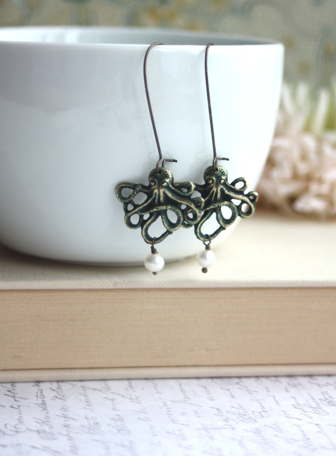 Under The Sea.  Small Verdigris Oxidized Brass Octopus Long Dangle Earrings. Unique Gifts for Her.