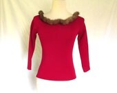 Vixen 1990s Sweater. Vintage Bergdorf Goodman. Mink Trimmed Sweater. Sz XS Berry Red