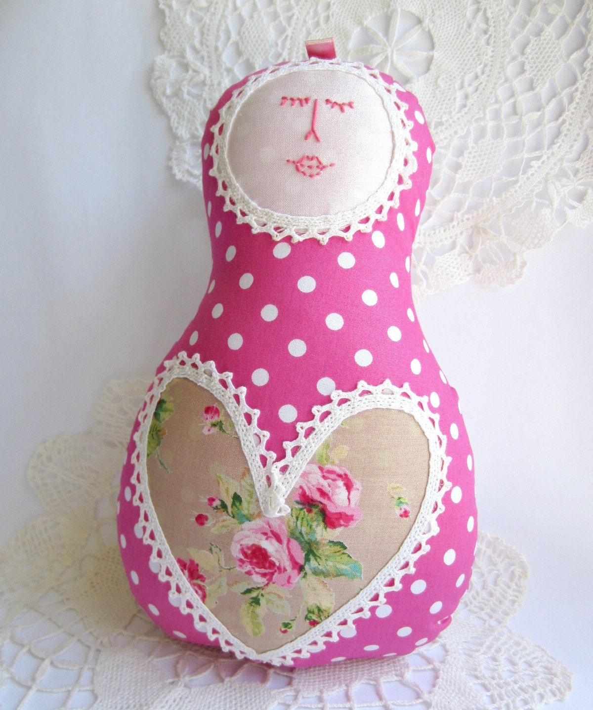 Made to order - Russian Matryoshka Babushka doll - bright pink polka dots fabric