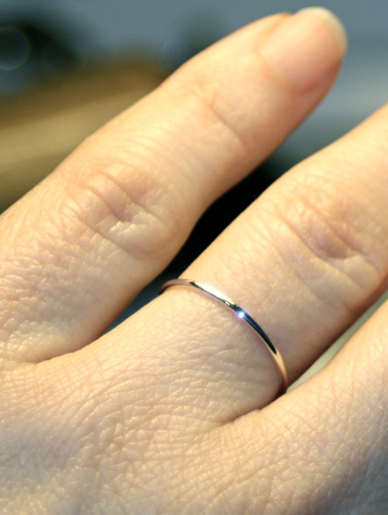 Very Thin Gold Band 1mm 14k White Gold Wedding Ring Handmade Full Round Smooth Fine Plain Simple Skinny Classic Dainty Elegant Stacking