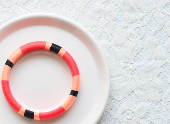 Neon Orange. Fiery Pink. Black. Stackable Thread Wrapped Bangle - no. 502B
