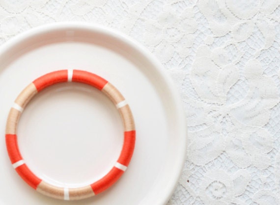 Tangerine. Beige. White. Tribal Colorblock Thread Bangle Bracelet - no. 510