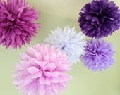 Imperial Purple - 5 Tissue Paper Pom Poms - Decoration Shades of Plum Purple DIY Decor kit