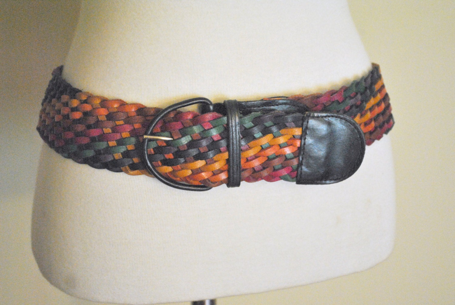 Vintage Woven Belt / Rainbow Leather Wide Waist Cincher / Size Medium to Large
