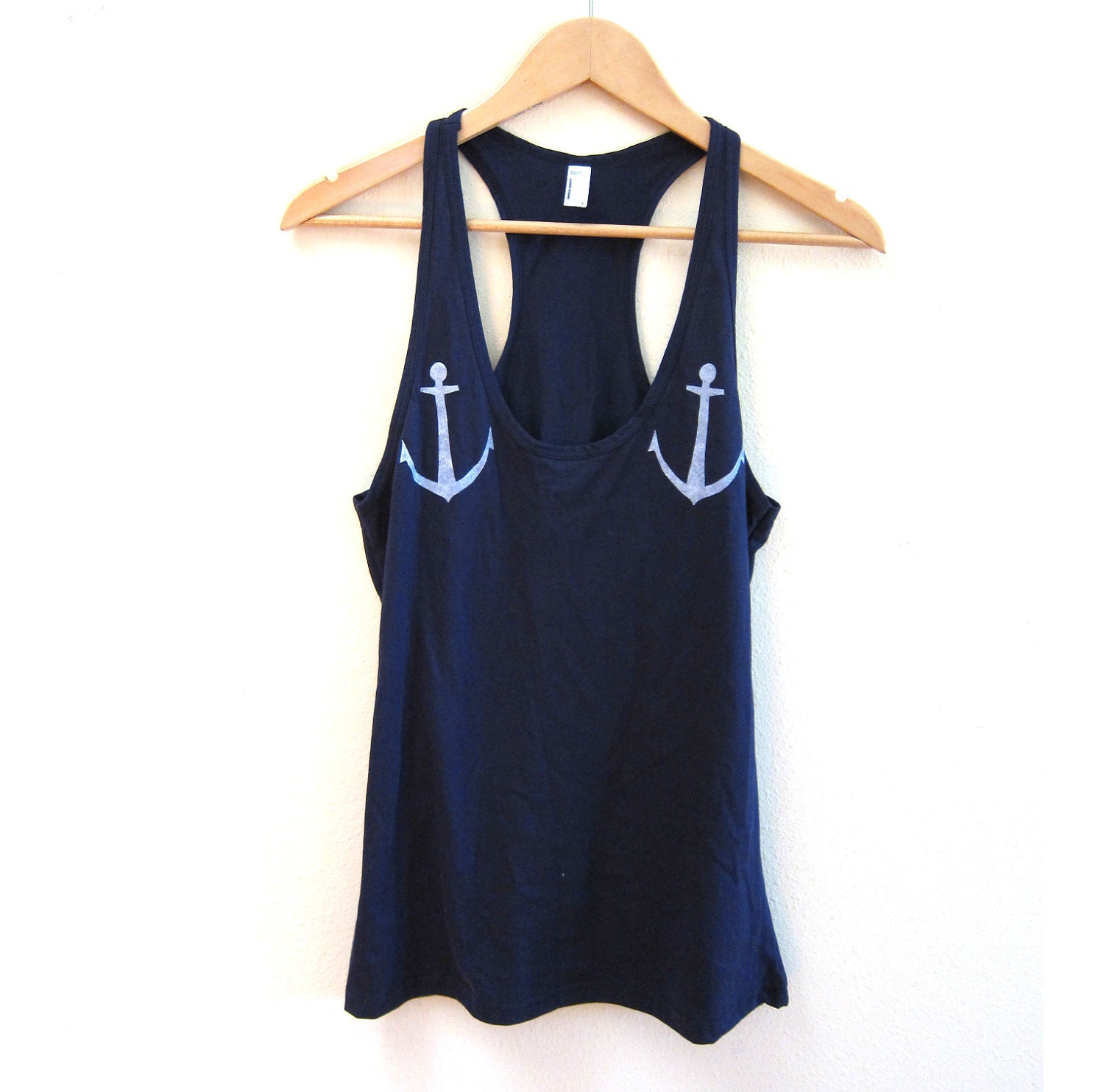 Double Anchors Racerback Hand Stenciled Scoop Neck Swing Tank Top in Navy Blue and White - XS S M L