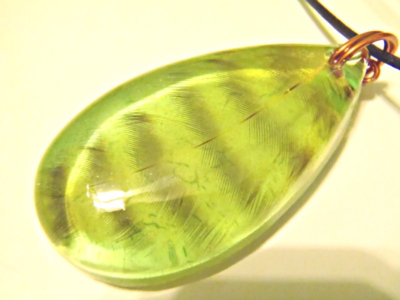 Rooster Feather Neon Green Resin Nature Pendant Boho Necklace Bohemian Jewelry Yellow Black Striped Teardrop Whimsical Earth Cruelty Free