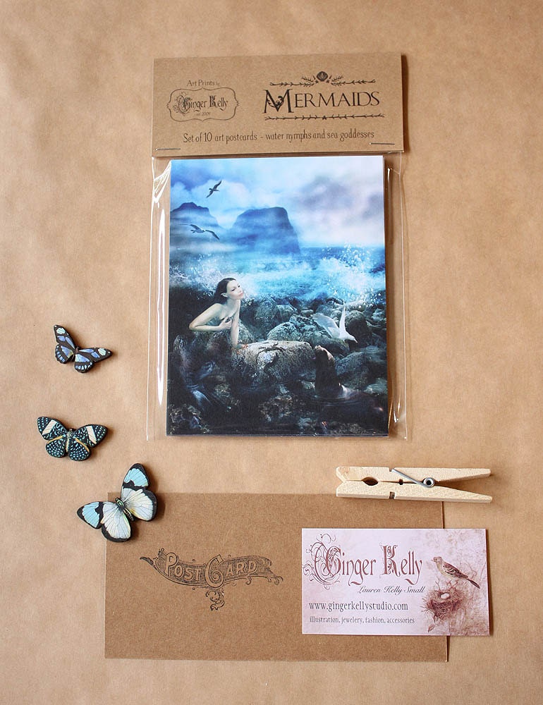 Mermaids Set of 10 Siren Sea Nymph Art Postcard Prints, Assorted Fantasy Illustrations by Ginger Kelly // Set C