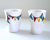 Ceramic Cup Set Party Cup Banner Bunting Triangles Red Turquoise Blue Yellow Painted Crinkled Ivory Cup - READY TO SHIP