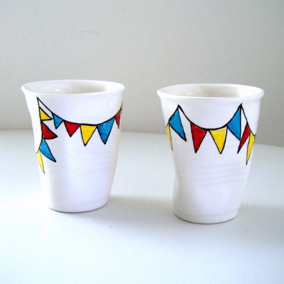 Ceramic Cup Set Party Cup Banner Bunting Triangles Red Turquoise Blue Yellow Painted Crinkled Ivory Cup - READY TO SHIP