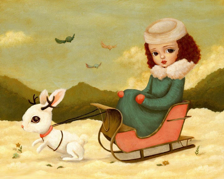 Children's Art, Girls Room Art, Poster, Rabbit, Girl Art Print, Kids Art, Girls Decor, Cute, Whimsical - A Jackalope Sleigh Ride 10x8