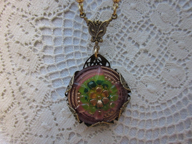Romantic Antique Brass Vintage Glass Rose Green Glass Button Pearl Wedding Bridal Jewelry