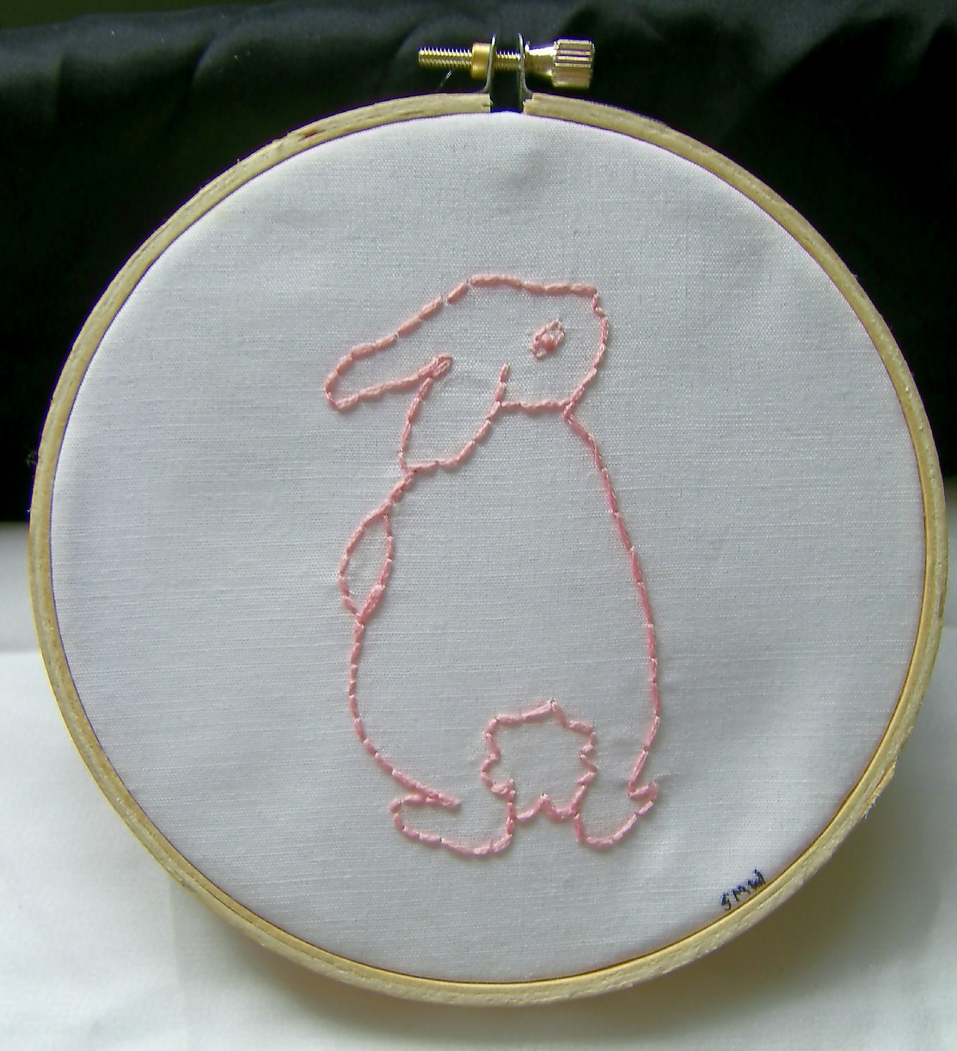 Pink Rabbit Hand Embroidered Art - 5" - Original design