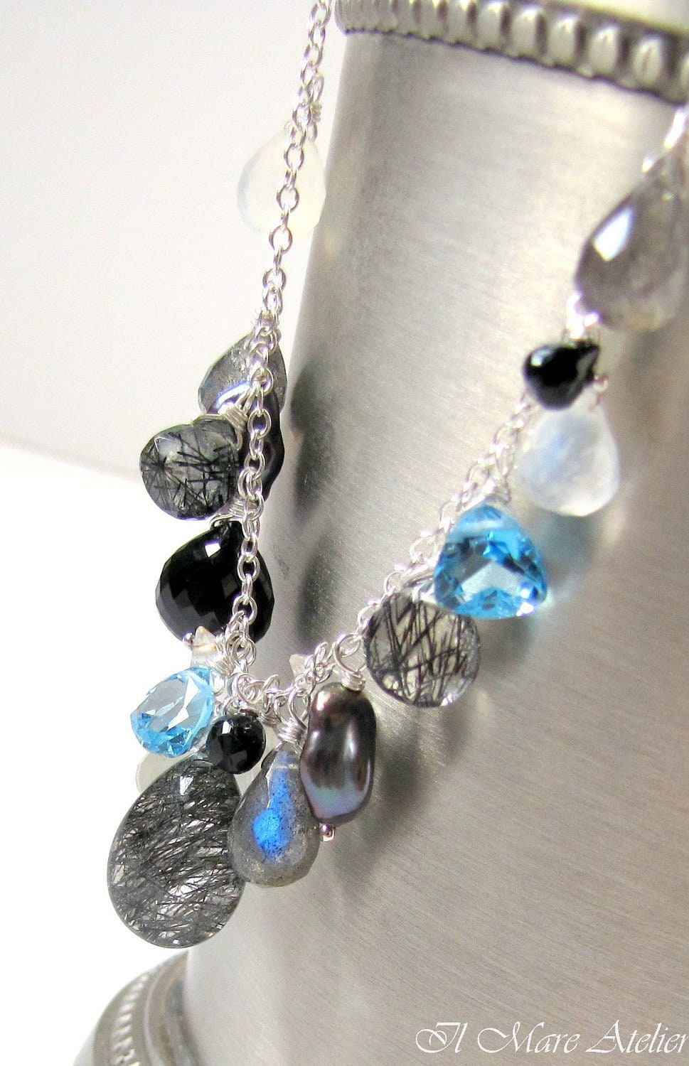 Black Rutilated Quartz, Labradorite, Moonstone, Blue Topaz Necklace