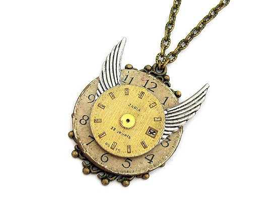 SALE Steampunk Necklace Winged Vintage Watch Face Wedding Bridal Bride Groom Noir Golden Wings Gothic Necklace Steam Punk Jewellery Jewelry