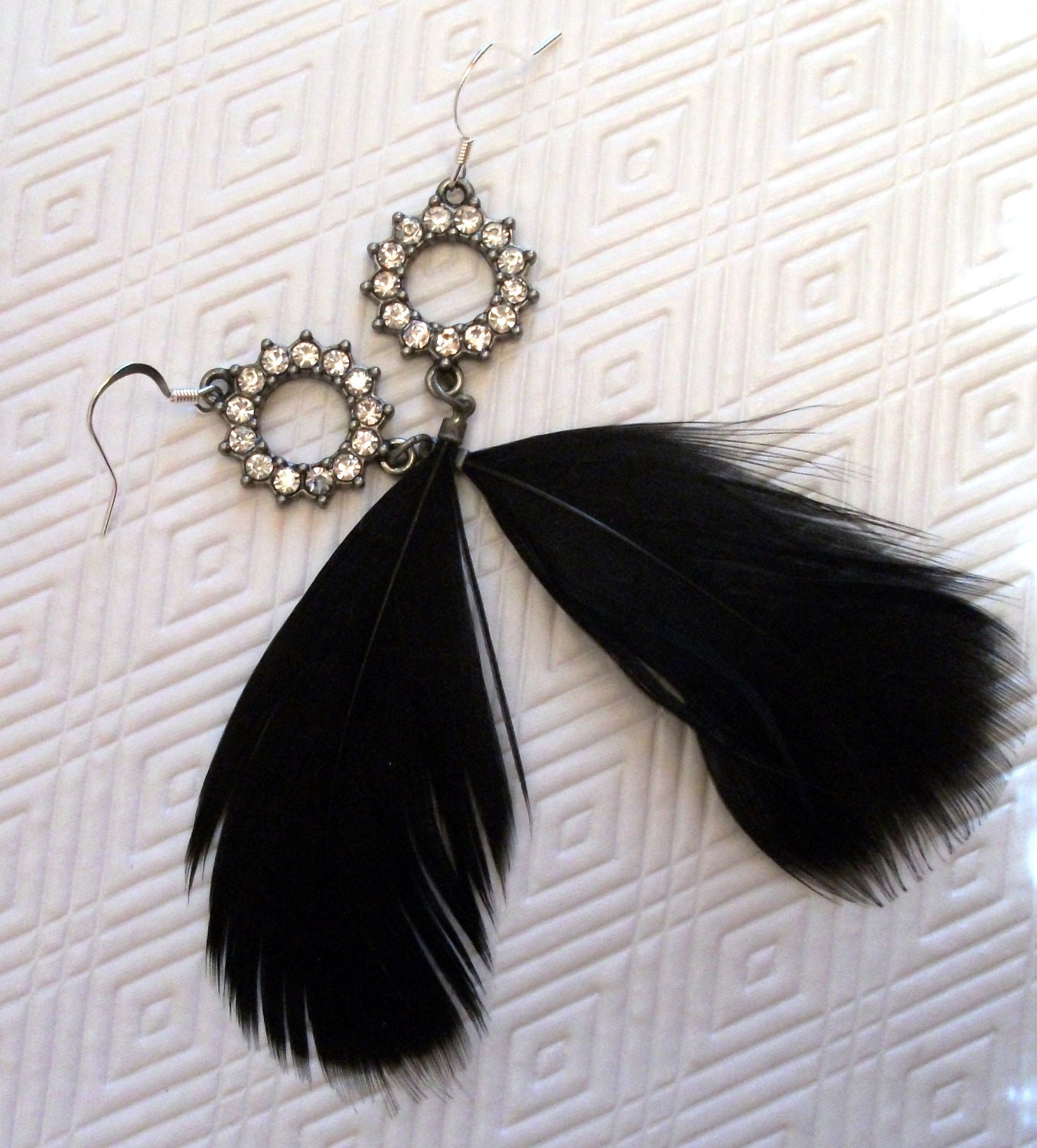 Black Feathers and Rhinestone Dangle Earrings