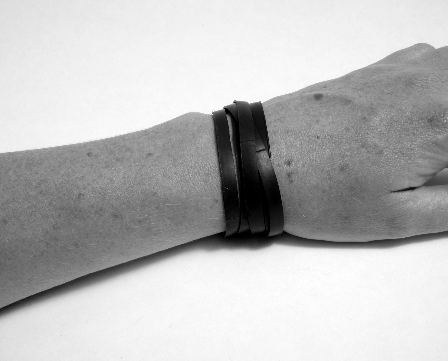 Mens Bike Tube Cuff Long Double Wrapped Bracelet Black Upcycled Rubber