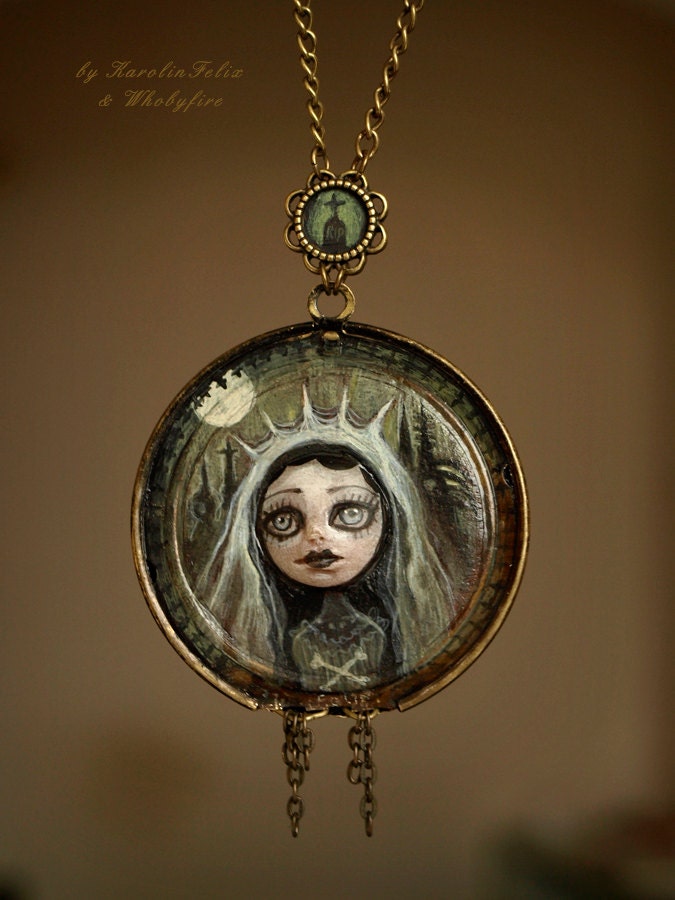 The Bride, Unknown ghost. Art doll cameo pendant necklace. Gothic horror story. Black spooky art by KarolinfFelix and Whobyfire