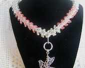 Pink and Silver Beaded Knit Necklace - "Free Bird"