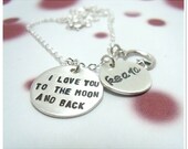 SALE -I Love You to the Moon and Back Necklace with Moon Charm and Name Disc - Hand stamped Necklace