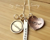 Mommy Necklace Hand Stamped Mixed Metals Sterling Silver Copper Brass Framed Bar and Heart Tag with childrens names