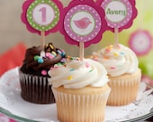 Birthday Party Cupcake Toppers - Little Birdie Theme in Hot Pink & Green - Happy Birthday Party Decorations Il_170x135
