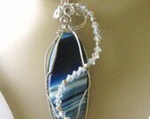Necklace Pendant Beadwork Wire Wrapped Handmade Sterling Silver Agate Swarovski Crystal