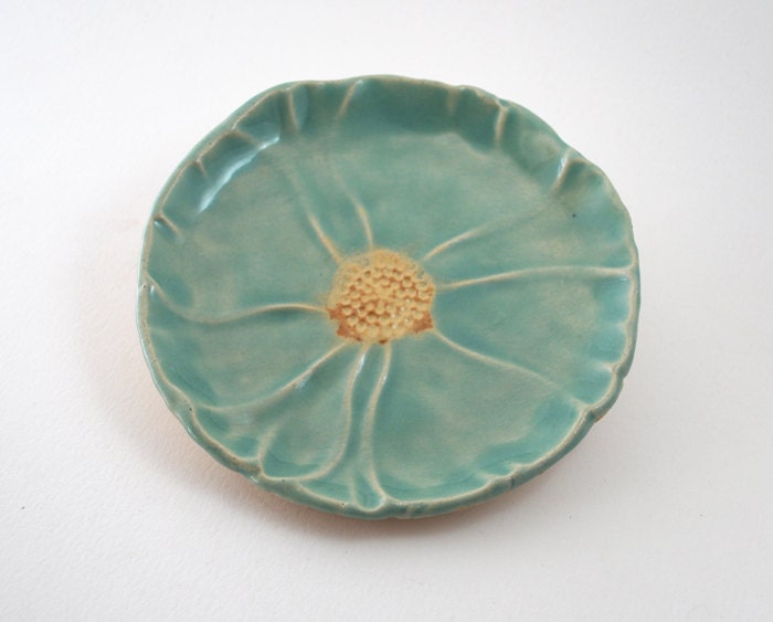 Aqua Dogwood Flower Dish - Pottery Soap Dish or Ring Dish - Hand built Stoneware Home Decor Dish - turquoise Dogwood