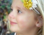 M2M Matilda Jane Triple Mum Felt Flowers on a Grey Skinny Elastic Headband All Sizes Newborn through Adult White Grey Mustard Yellow
