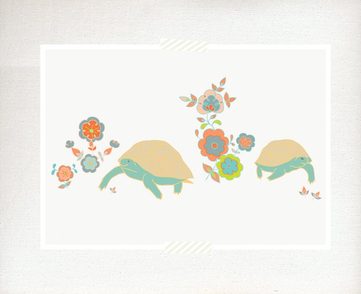 Baby Turtles & Flowers I ( Nursery wall art, Art for kids, Kids bedroom decor )