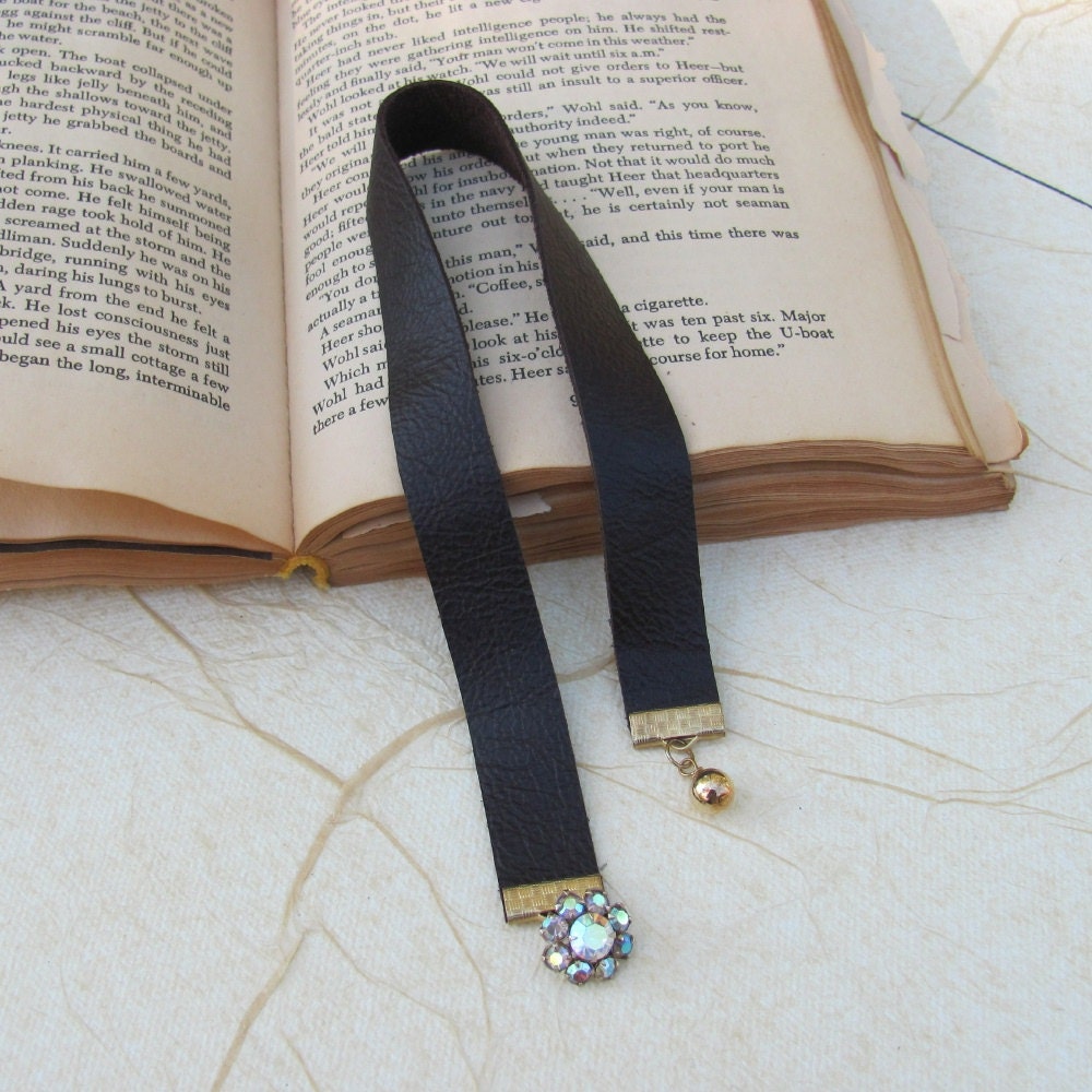 Dark Brown Leather Bookmark with Vintage Jewels