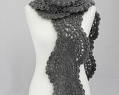 Crocheted long lace scarf in dark grey