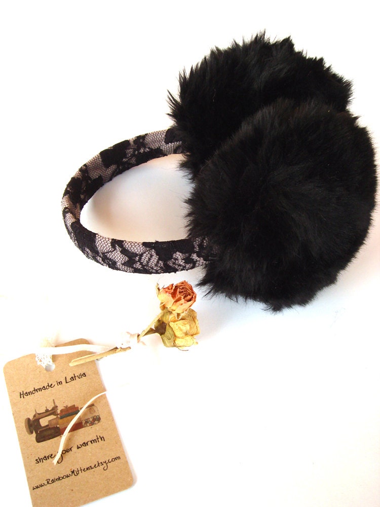 Black lace Ear warmer, elegant earmuffs, winter accessory, gift for women